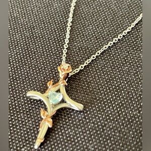 Aquamarine Silver and Rose Gold Cross Heart  Necklace with Diamond 18-20”❤️